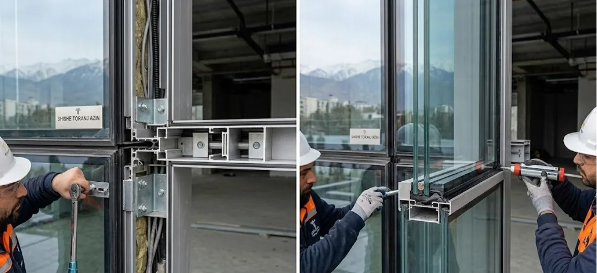 تصویر از نصب شیشه فریم لس توسط مهندسان شیشه ترنج اذین