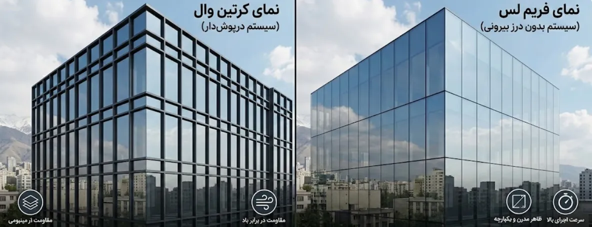 تصویر مقایسه نمای کرتین وال و فریم لس