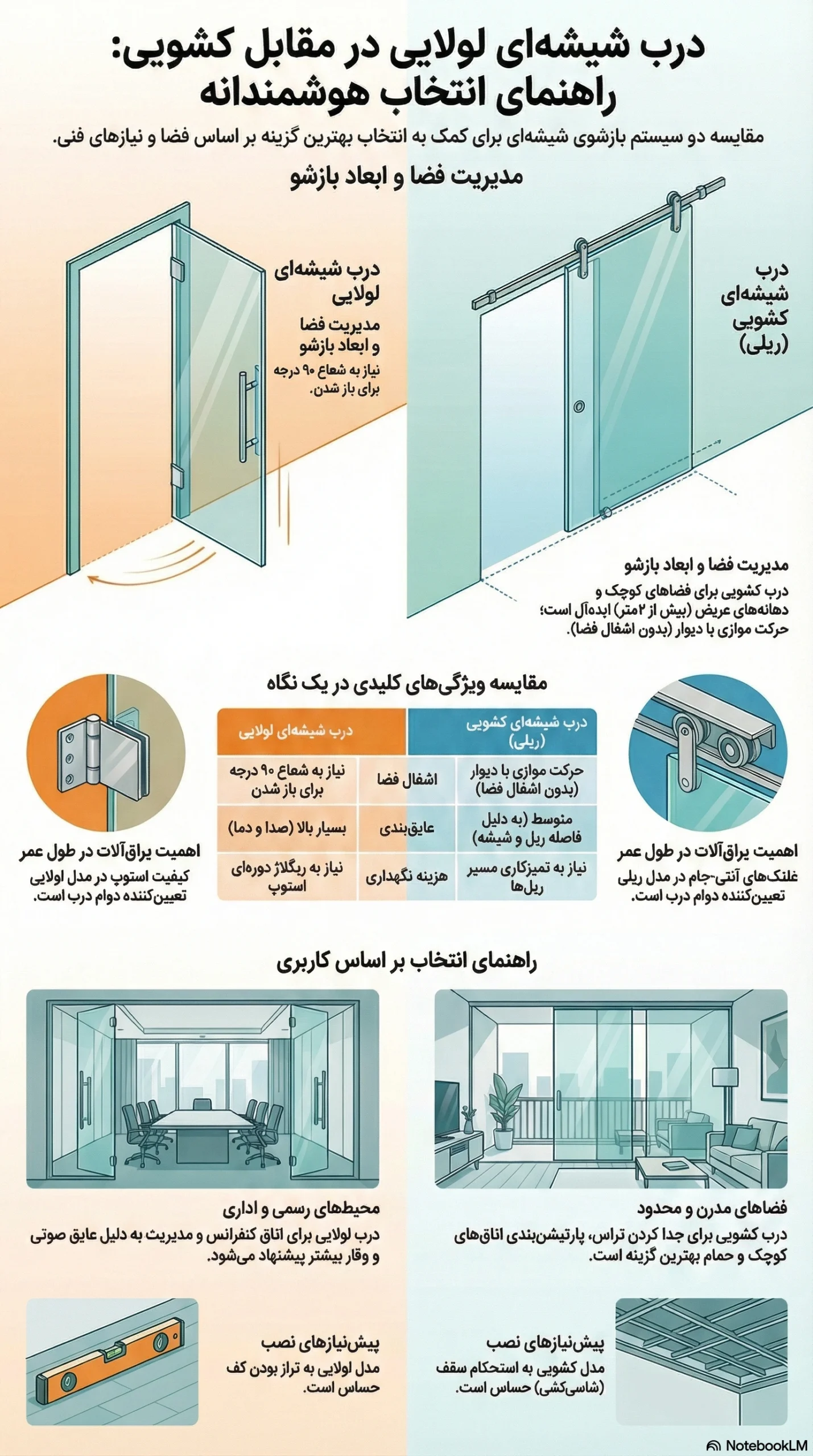 اینفوگرافیک کامل از مقایسه درب شیشهای لولایی و کشویی