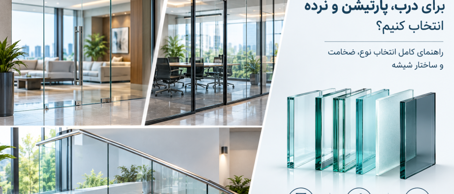 چگونه شیشه مناسب برای درب، پارتیشن و نرده انتخاب کنیم؟ راهنمای کامل انتخاب نوع، ضخامت و ساختار شیشه