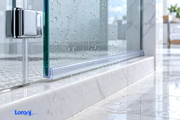 نمای نزدیک نوار آب بند پایین درب شیشه ای دوش